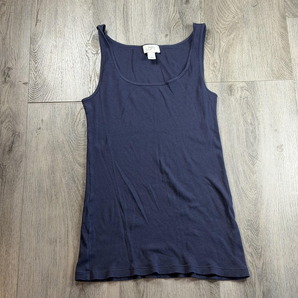 Y2K Babydoll Ann Taylor LOFT Tank Top Womens Large Blue Ribbed Scoop Cotton